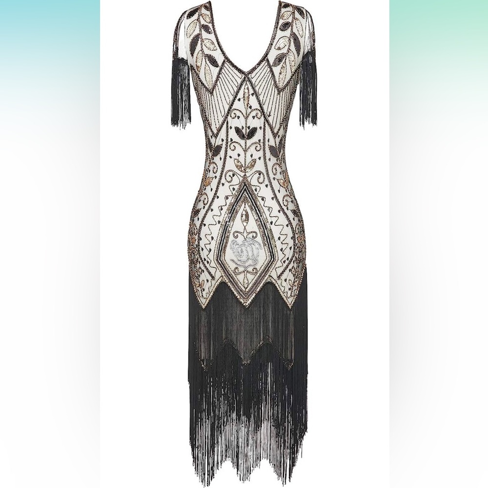 Gatsby Flapper 1920s Art Deco Fringed Sequin Dress Costume Dress Size XL